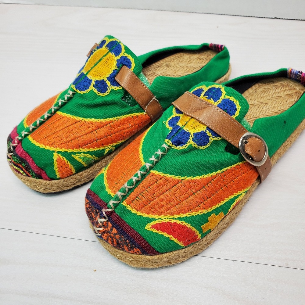 NEW Canvas Floral Embroidered Mule‎ Slipper Womens 37 EU Weave Sole Flat Shoes